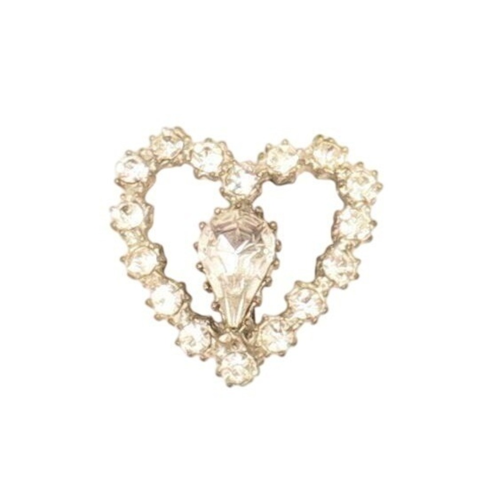 Art Deco Sparkly Vintage Heart Clear‎ Rhinestone Silver Potmetal Pin Brooch